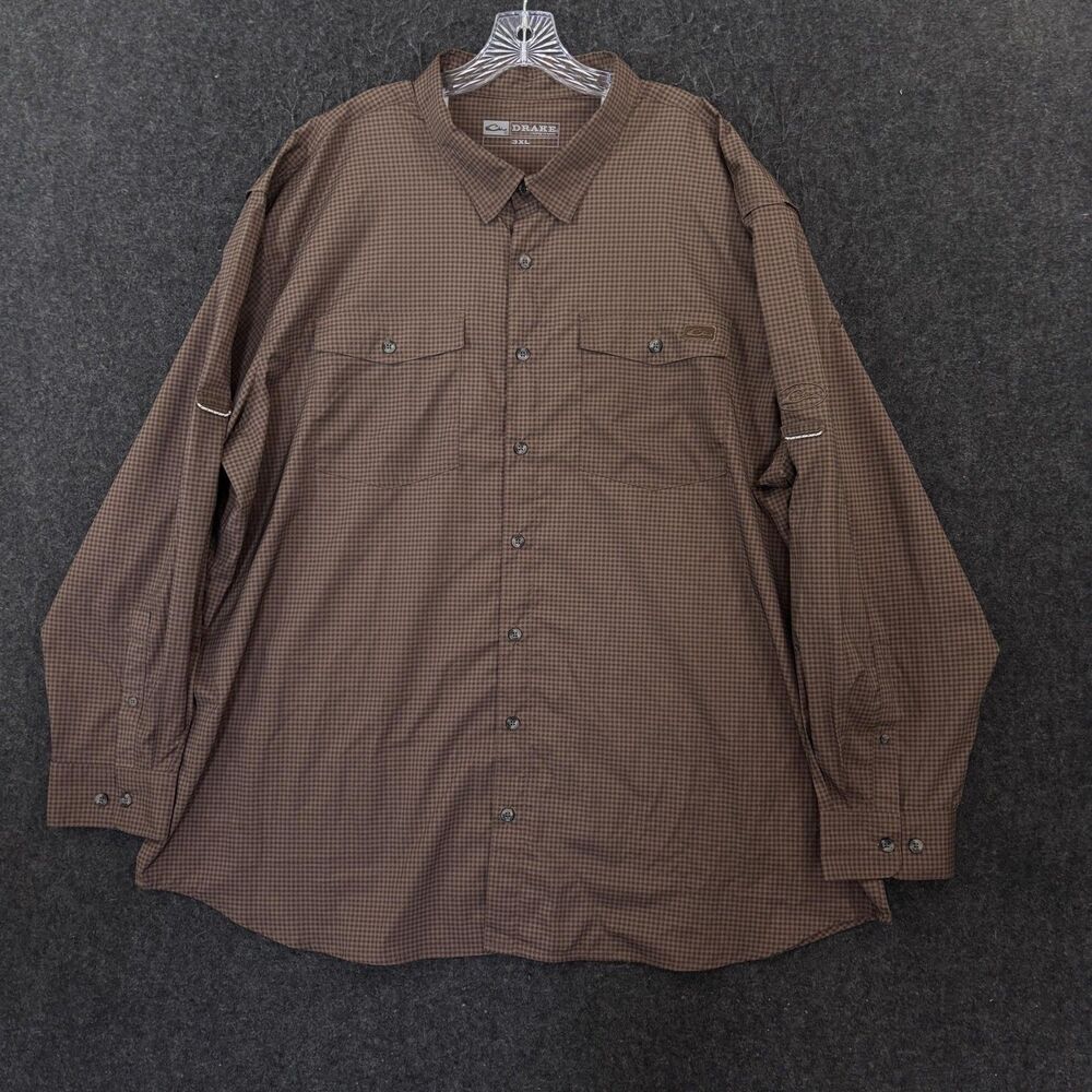 Drake Shirt Men's 3XL Brown Gingham Check Vented Fishing Stretch Pockets Hunting